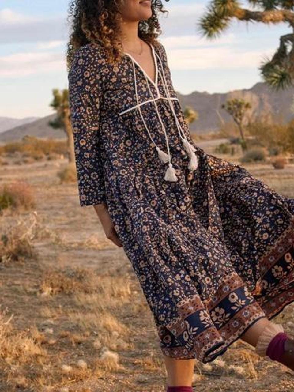 Christy Dawn Paloma Bohemian Floral Midi Dress In Navy Anenome Vine